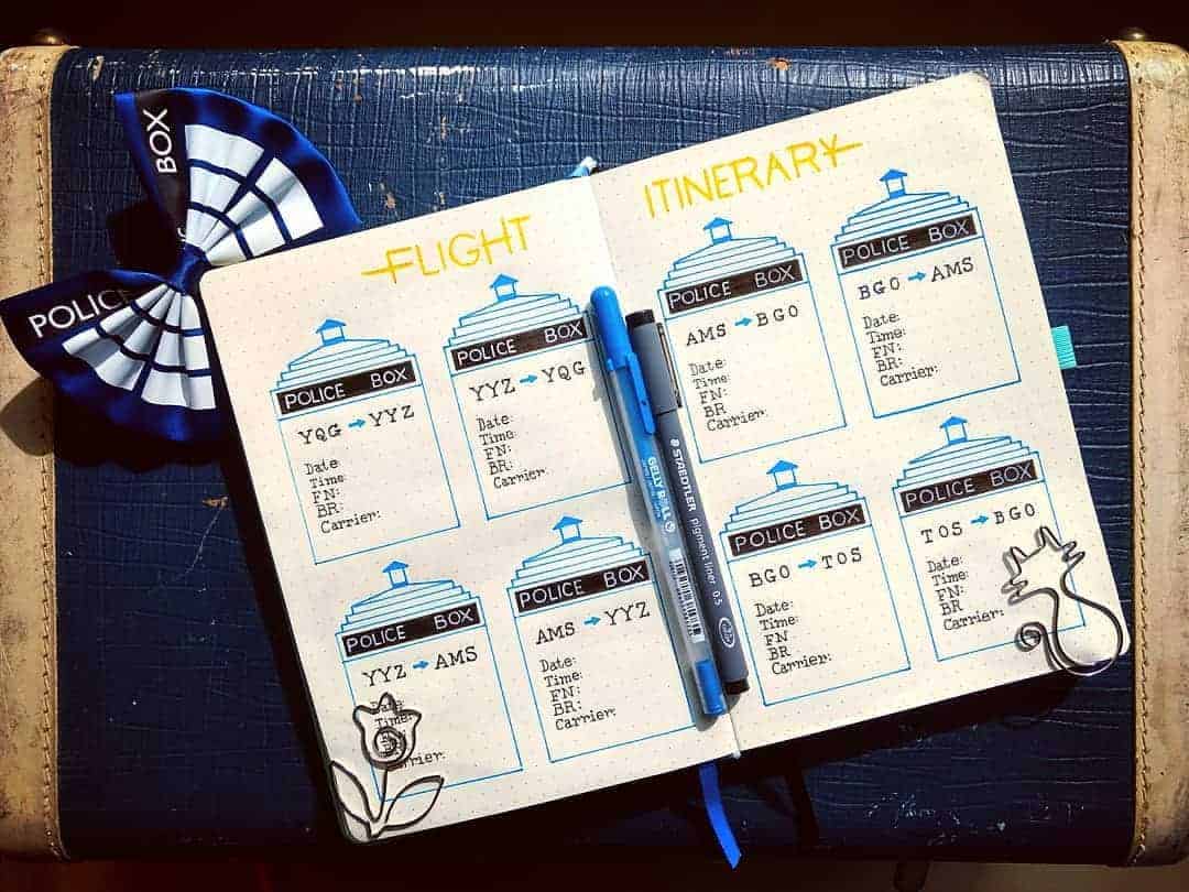 Creative Travel Bullet Journal Page Ideas To Plan A Perfect Vacation, flight info by @1geekynerd | Masha Plans