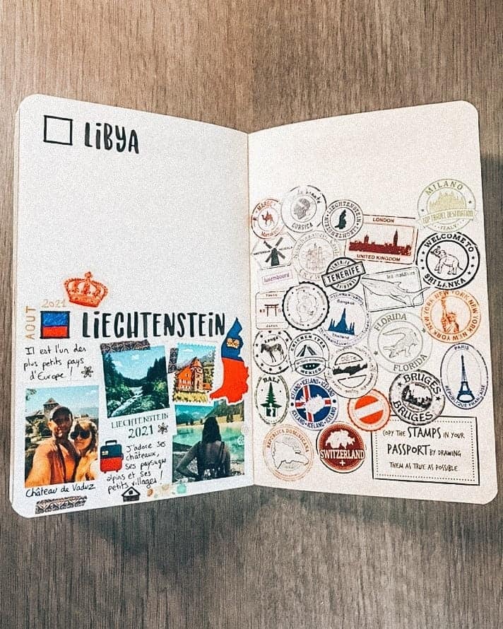 Travel Bullet Journal Ideas - stamps spread by @marylineweyl