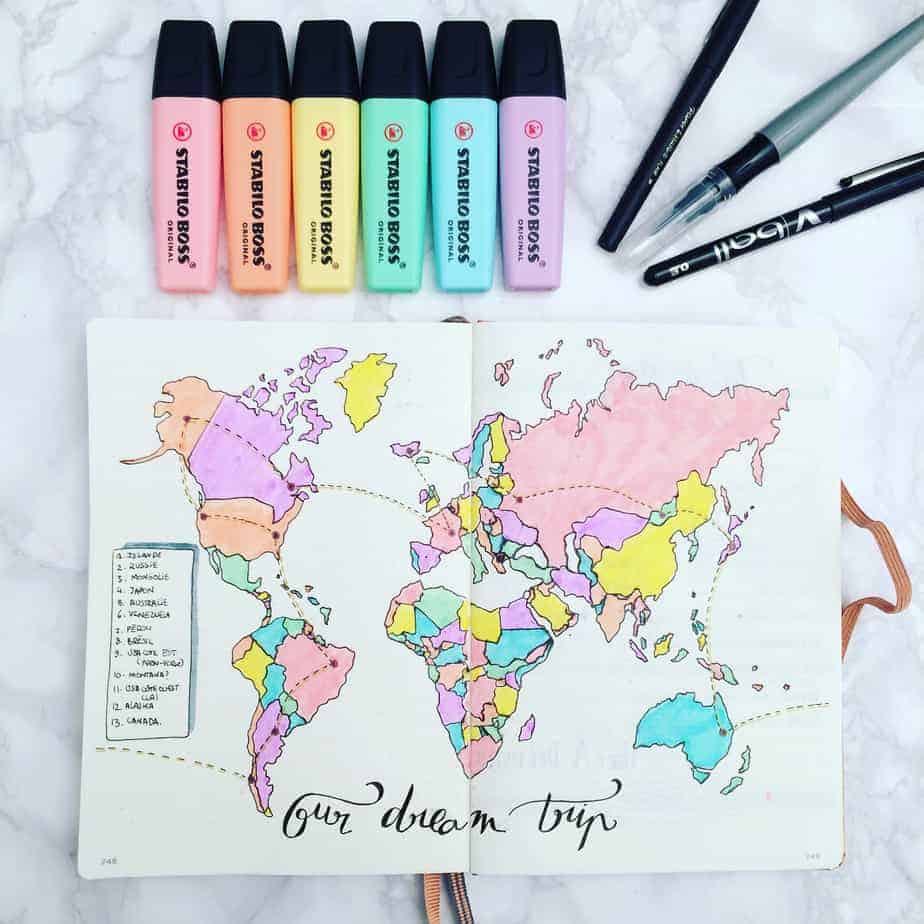 Creative Travel Bullet Journal Page Ideas To Plan A Perfect Vacation, places to go by @margaux_polooo | Masha Plans