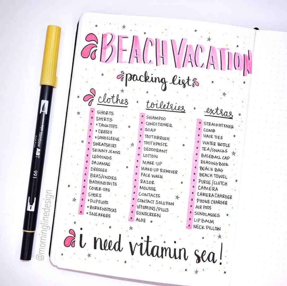 Creative Travel Bullet Journal Page Ideas To Plan A Perfect Vacation, packing list by @morninglinedesign | Masha Plans