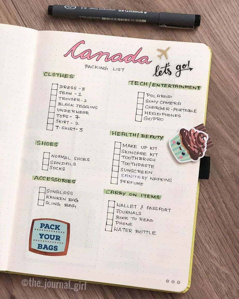 Creative Travel Bullet Journal Page Ideas To Plan A Perfect Vacation, packing list by @the_journal_girl | Masha Plans