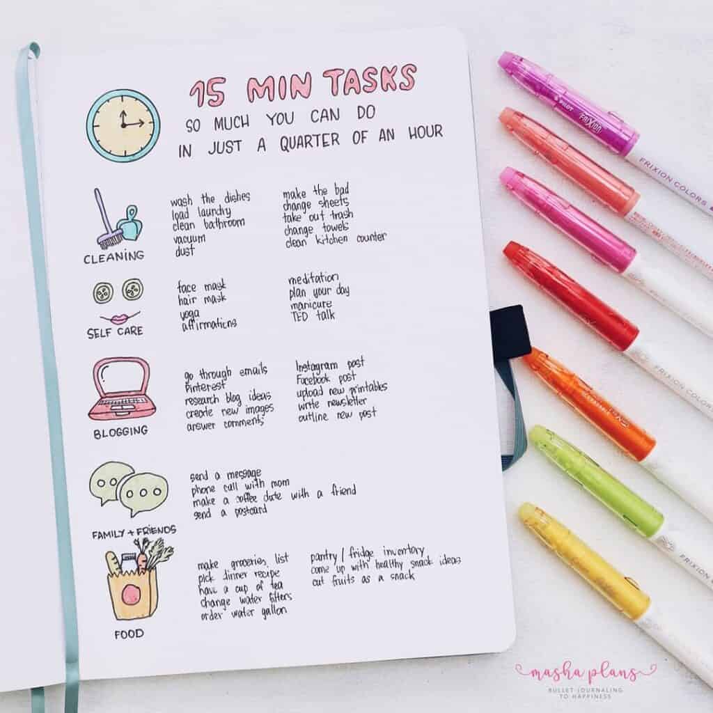 15 minute task list, Bullet Journal for productivity | Masha Plans