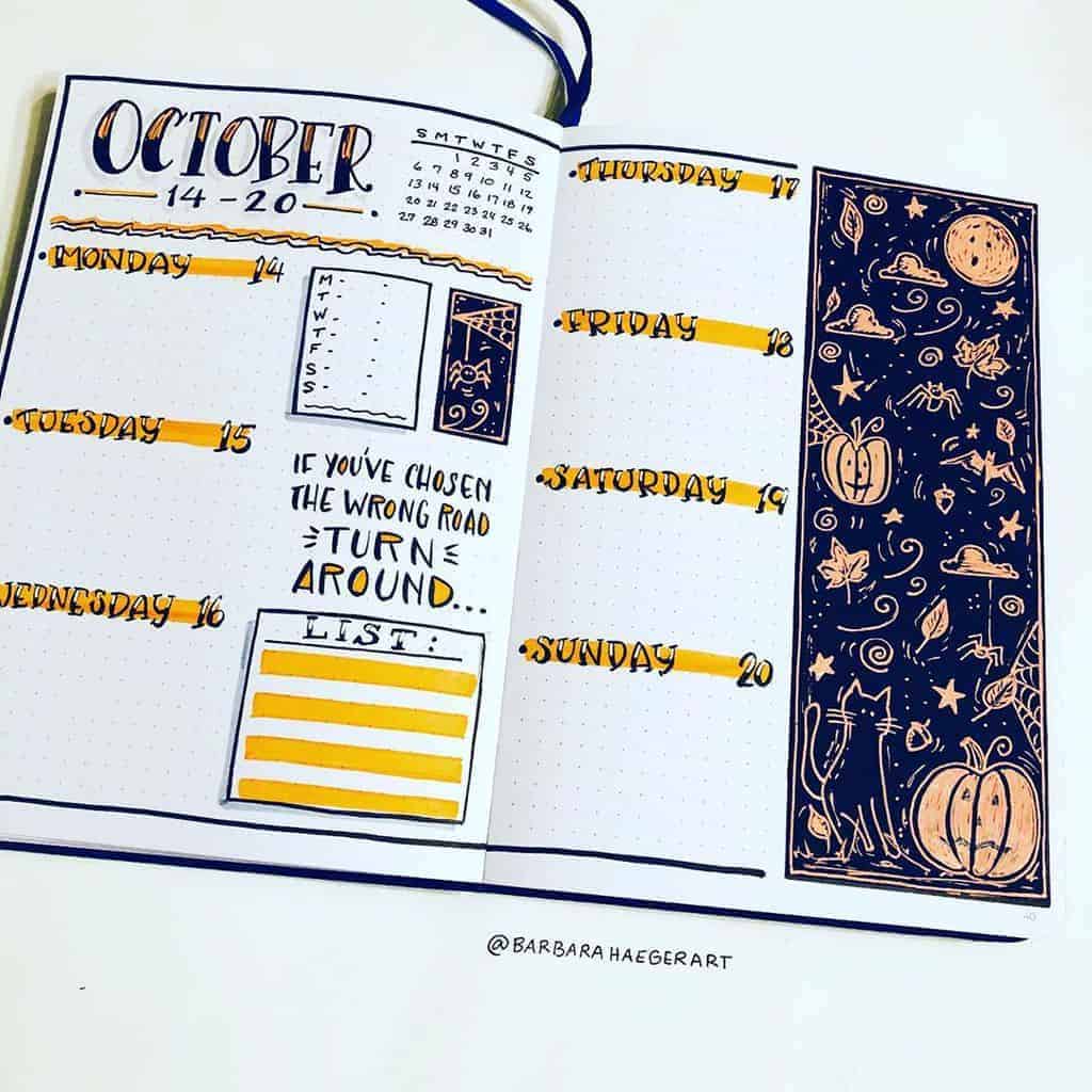 Halloween Bullet Journal Inspirations - weekly log by @barbarahaegerart | Masha Plans