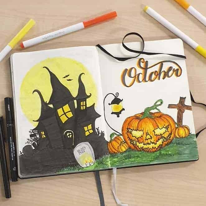 Halloween Bullet Journal Theme Isnpirations - cover page by @danielle_nightingale | Masha Plans