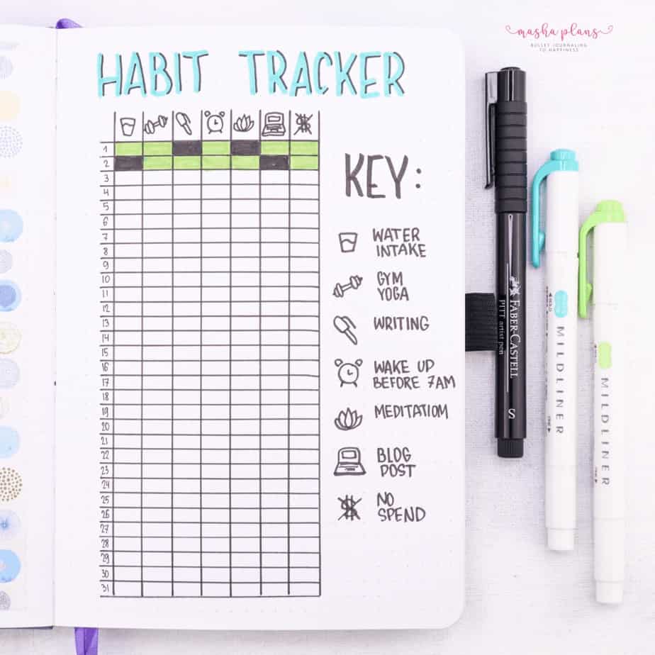 The Ultimate Guide To Bullet Journal Habit Tracker - vertical tracker | Masha Plans
