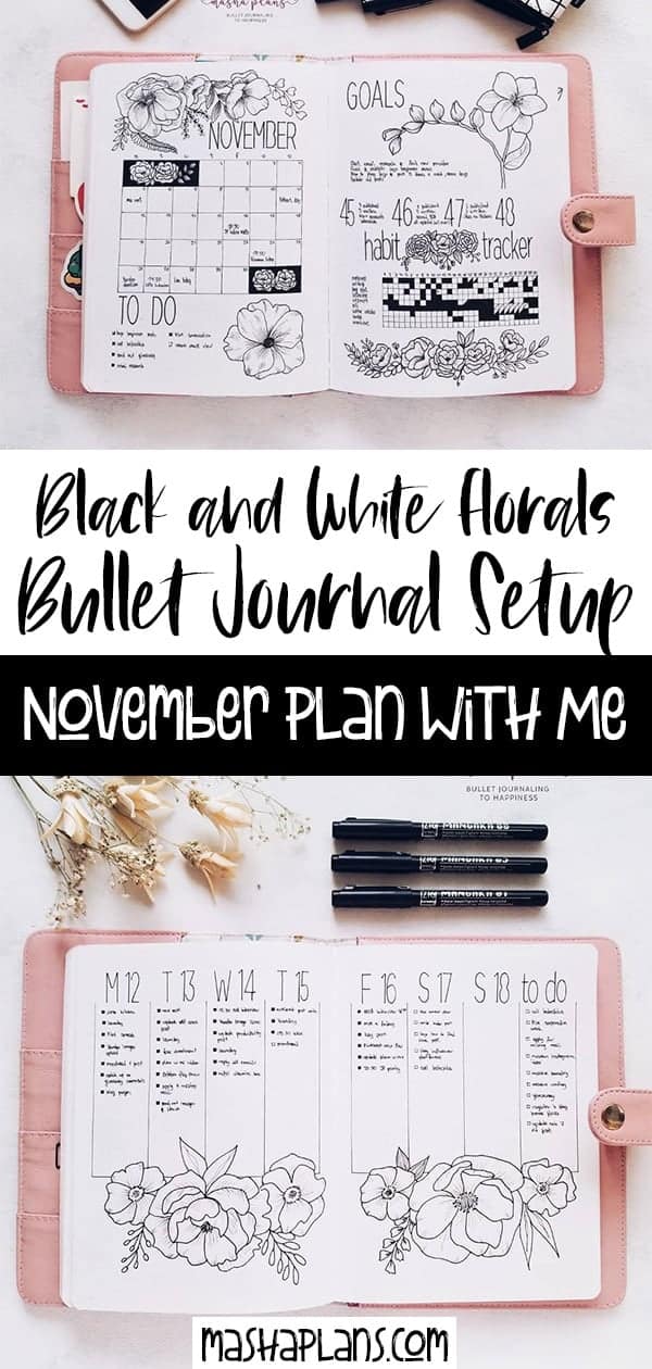Black And White Floral Bullet Journal Setup | Masha Plans