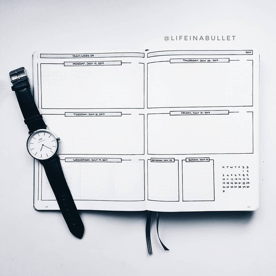 11 Easy Minimalist Bullet Journal Weekly Spreads for Busy People, spread by @lifeinabullet | Masha Plans