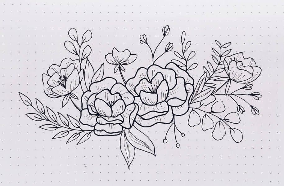 Simple Line Art Drawings of Flowers in Black and White | Spiral Notebook