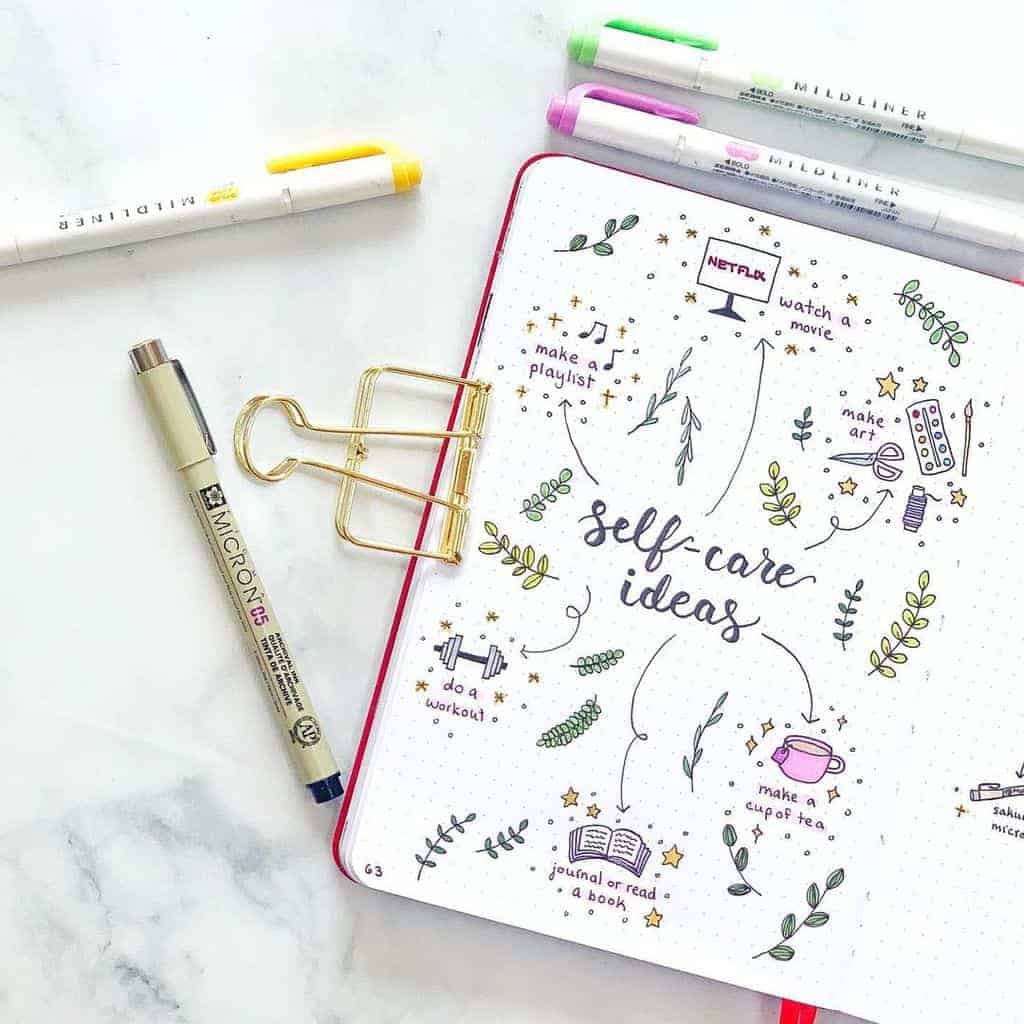 25 Inspirational Self Care Bullet Journal Page Ideas, spread by @abulletjournaladay | Masha Plans