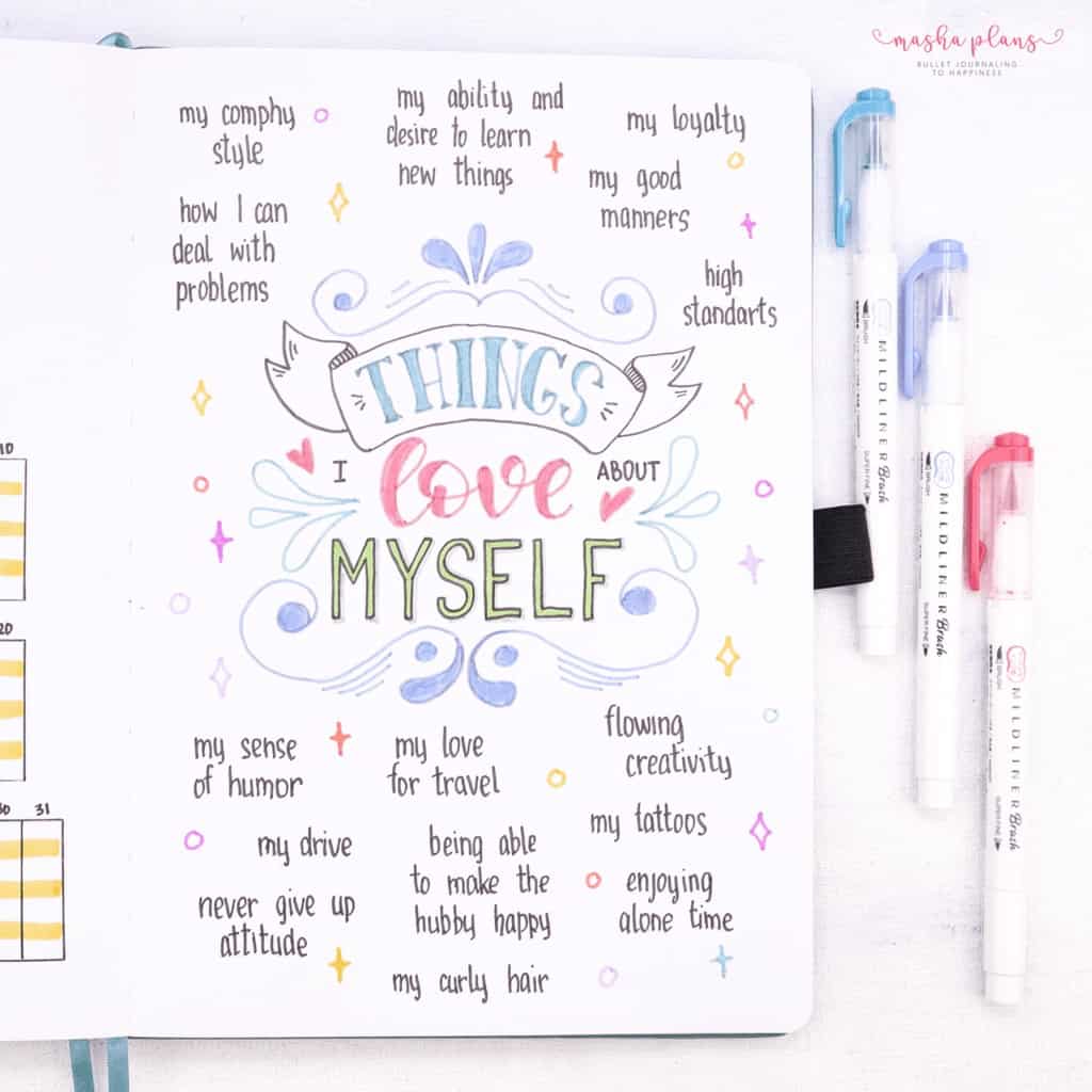 Self Care Bullet Journal Page Ideas - things I love about myself | Masha Plans