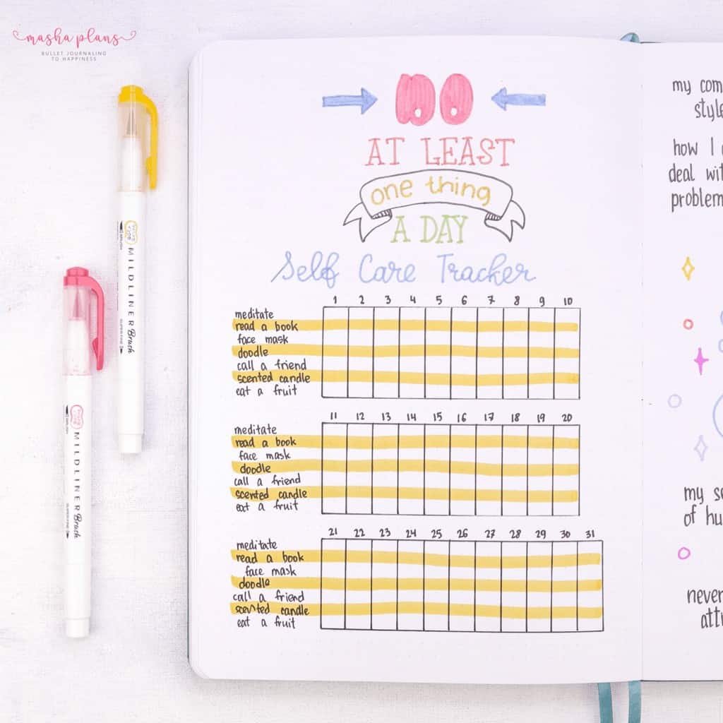 Self Care Bullet Journal Page Ideas - self care tracker | Masha Plans