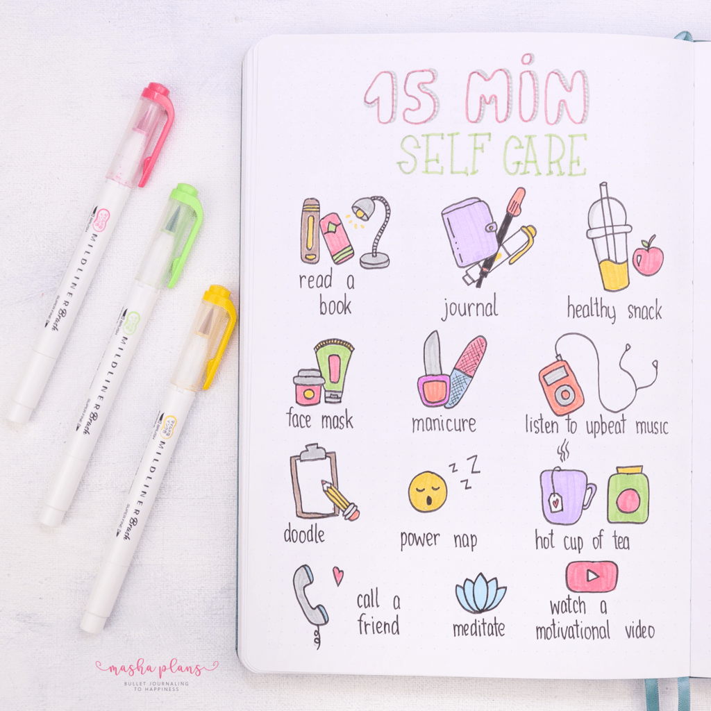 Self Care Bullet Journal Page Ideas - 15 minute self care | Masha Plans