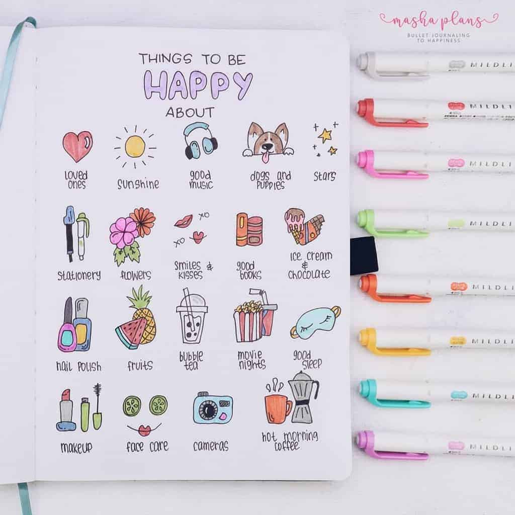 Self Care Bullet Journal Page Ideas - things that make me happy | Masha Plans
