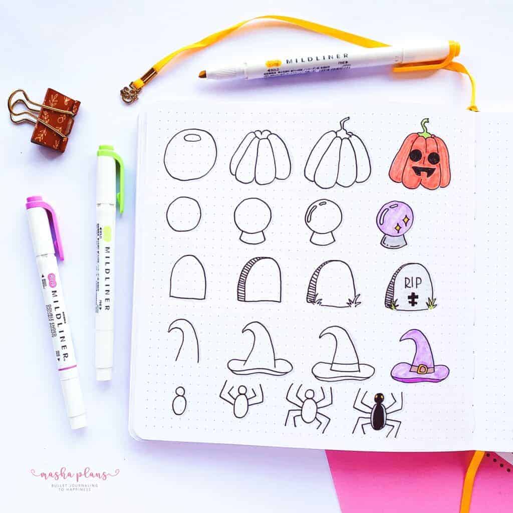 Step-by-step Halloween Doodles | Masha Plans