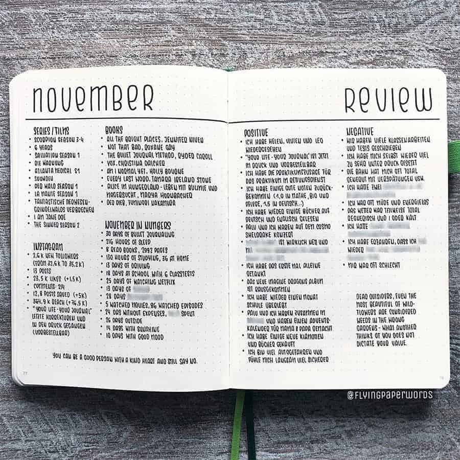 Bullet Journal Monthly Review Page by @flyingpaperwords | Masha Plans