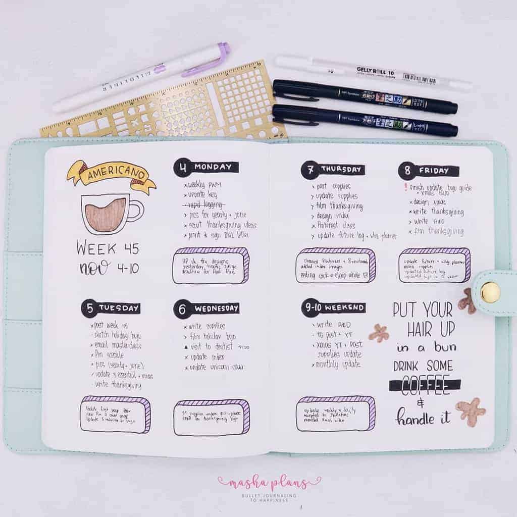 Coffee Bullet Journal Theme Inspirations - weekly spread | Masha Plans