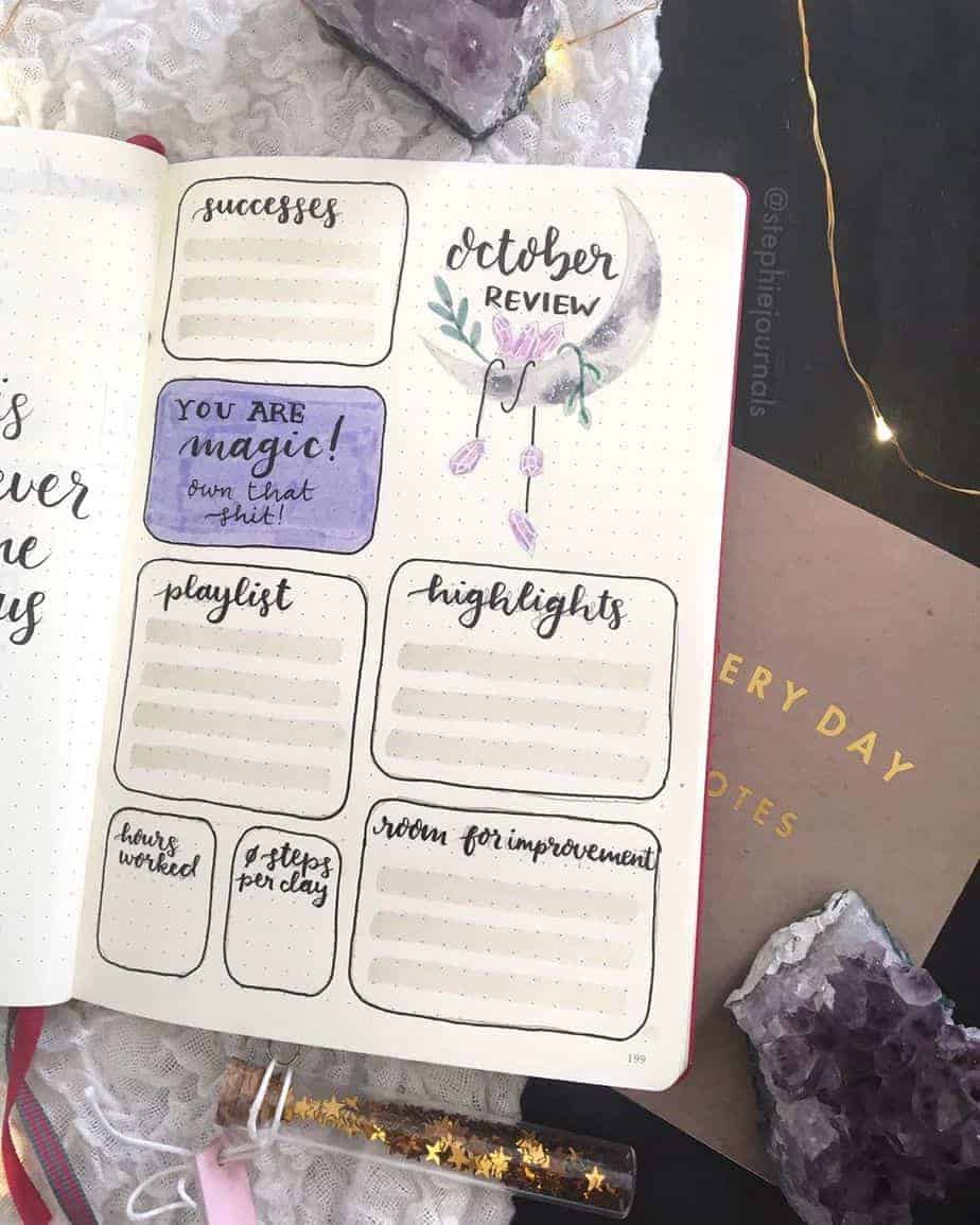 Why You Need A Monthly Review Page In Your Bullet Journal, spread by @stephiejournals | Masha Plans