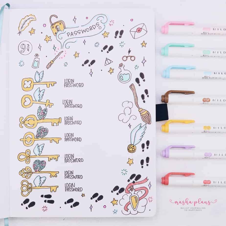 31 Fun and Simple Bullet Journal Page Ideas, Passwords Page | Masha Plans