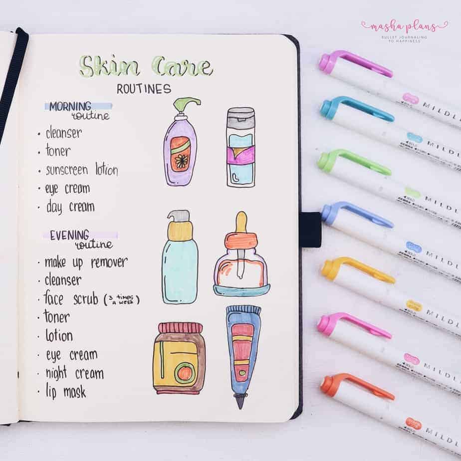 31 Fun and Simple Bullet Journal Page Ideas, Skin Care Spread | Masha Plans