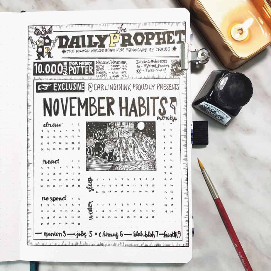 Harry Potter Bullet Journal Theme Inspirations - tracker by @carlinginink | Masha Plans