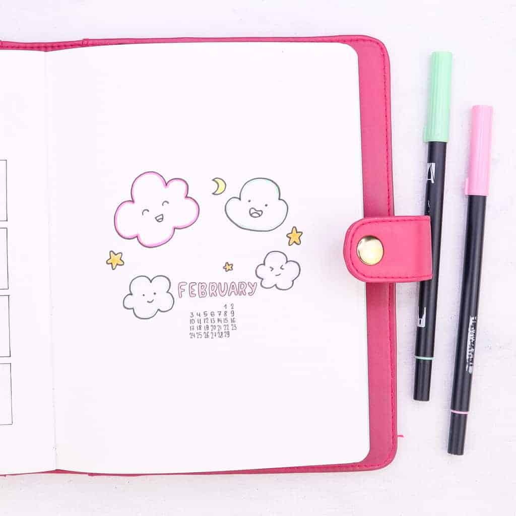 February Bullet Journal Setup - Clouds Theme: cover page | Masha Plans