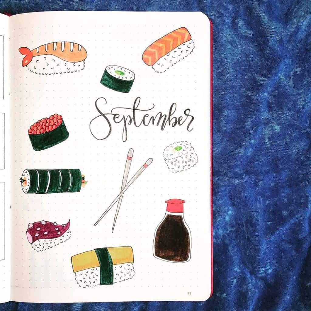 Sushi Bullet Journal Theme Inspirations - cover page by @dutch_daily_journal | Masha Plans