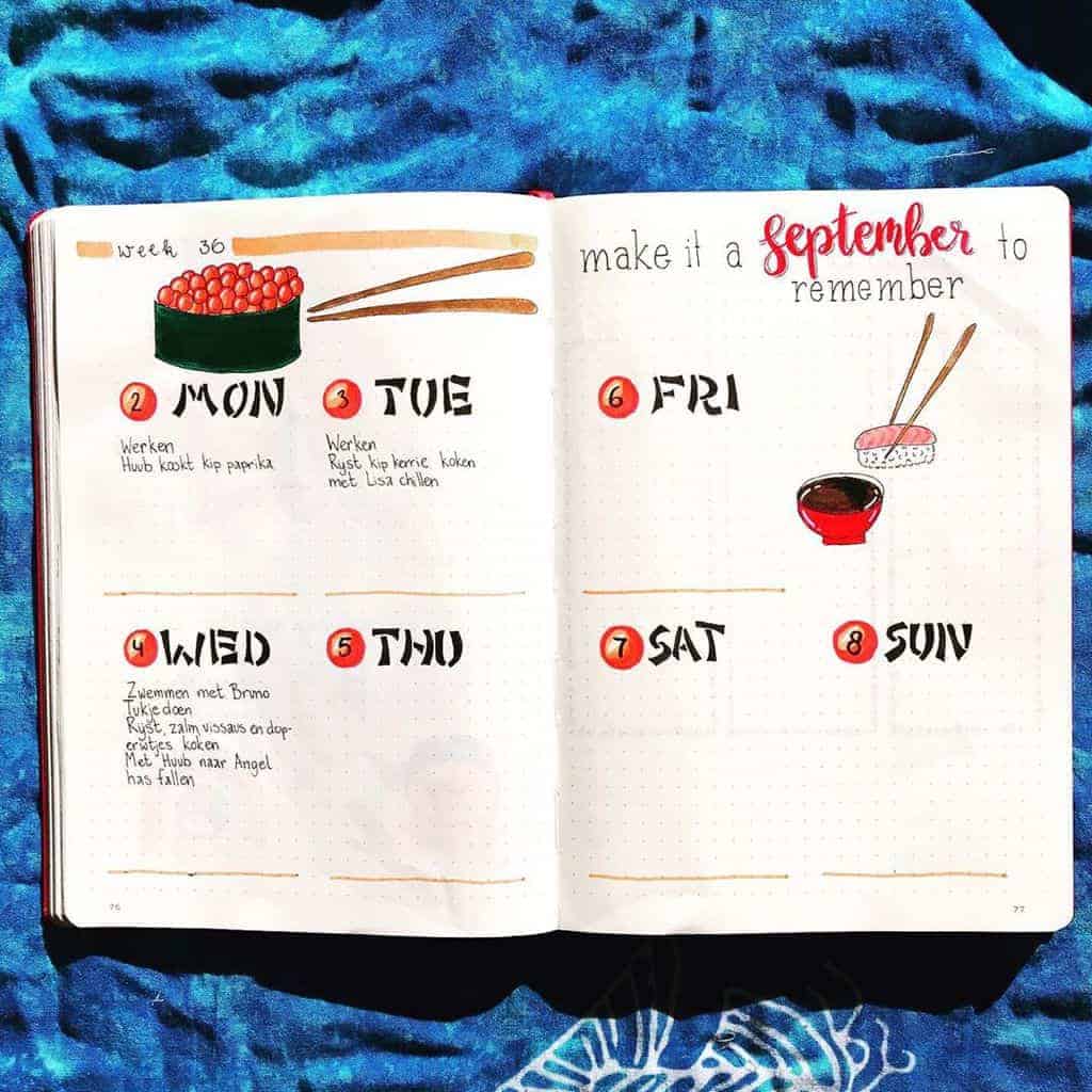 Sushi Bullet Journal Theme Inspirations - weekly by @dutch_daily_journals | Masha Plans