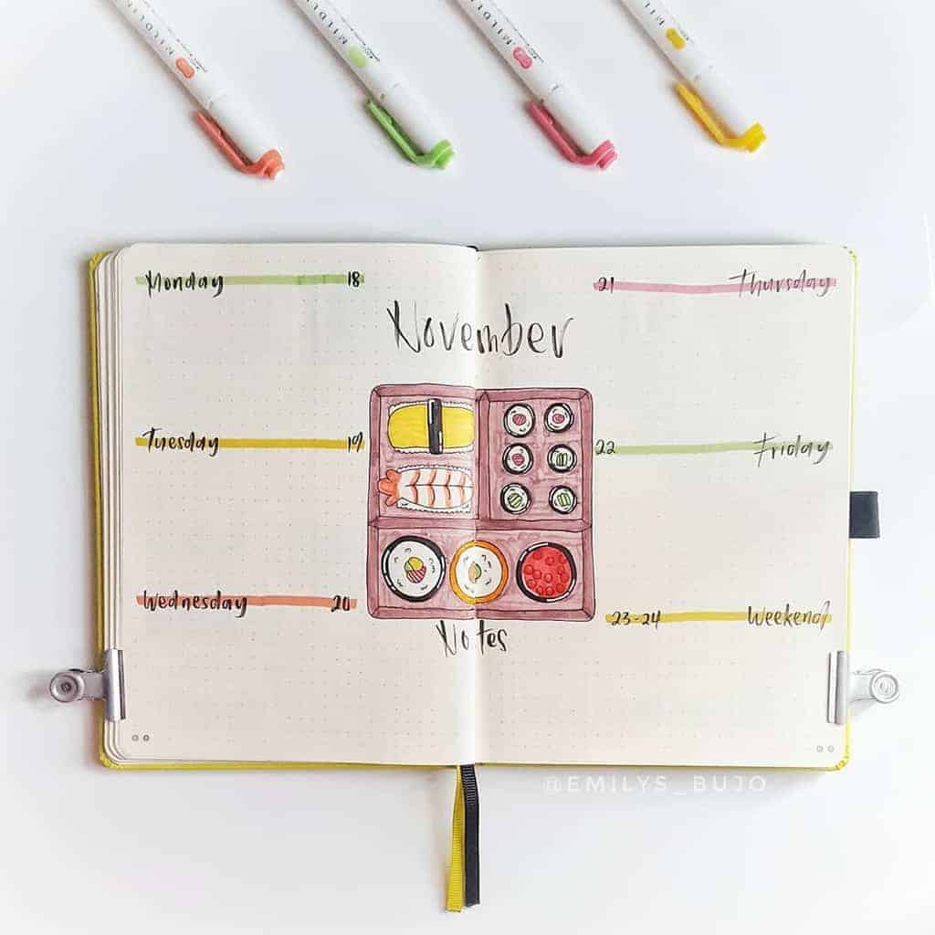 Sushi Bullet Journal Theme Inspirations - weekly spread by @!emilys_bujo | Masha Plans