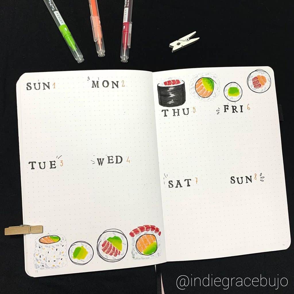 Sushi Bullet Journal Theme Inspirations - weekly by @indiegracebujo | Masha Plans