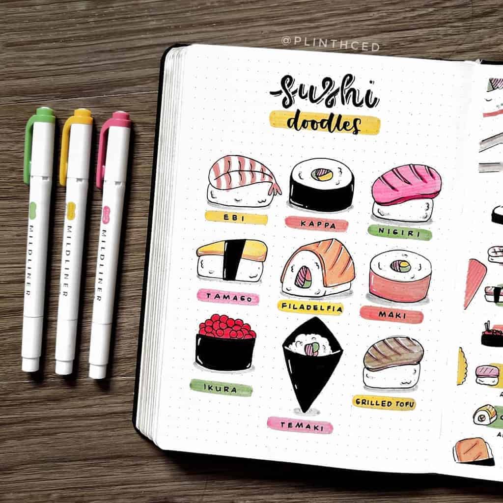 Sushi Bullet Journal Theme Inspirations - sushi doodles | Masha Plans
