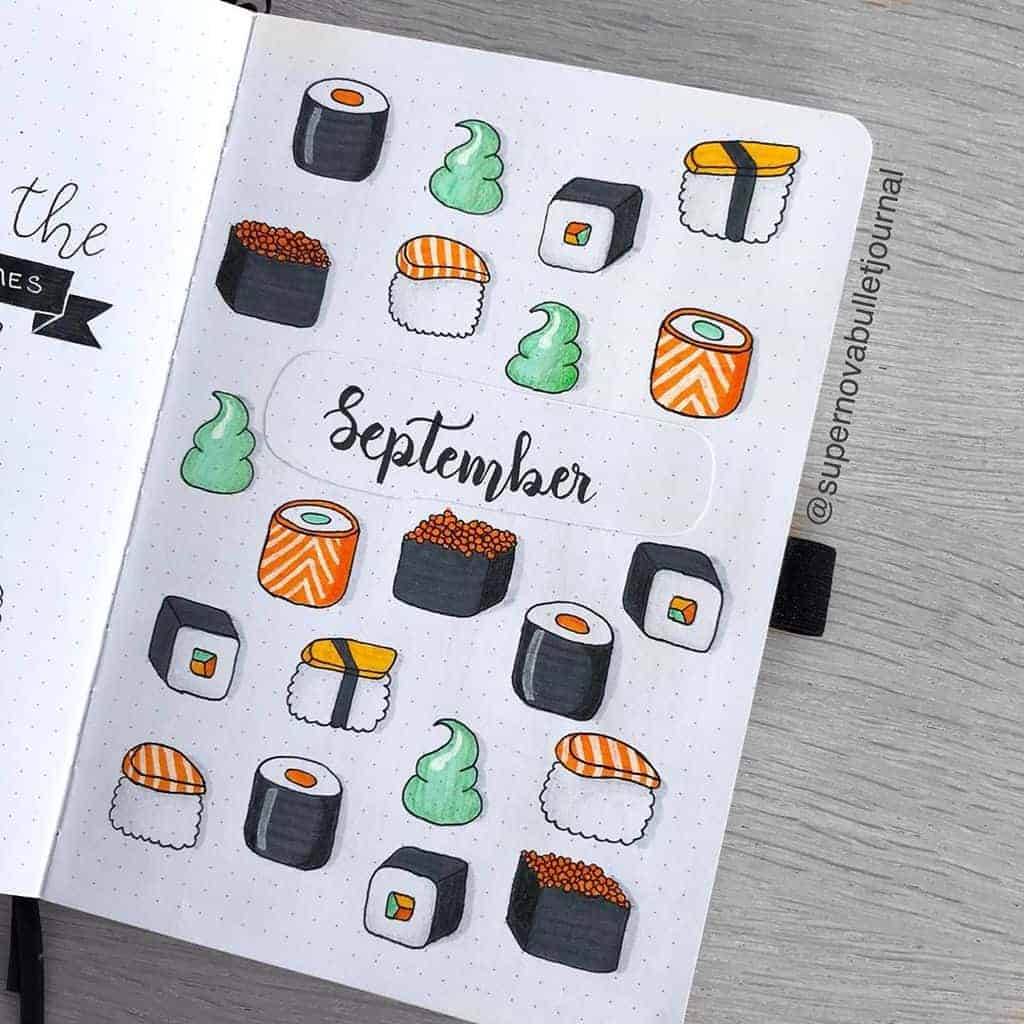 Sushi Bullet Journal Theme Inspirations - cover page by @supernovabulletjournal | Masha Plans