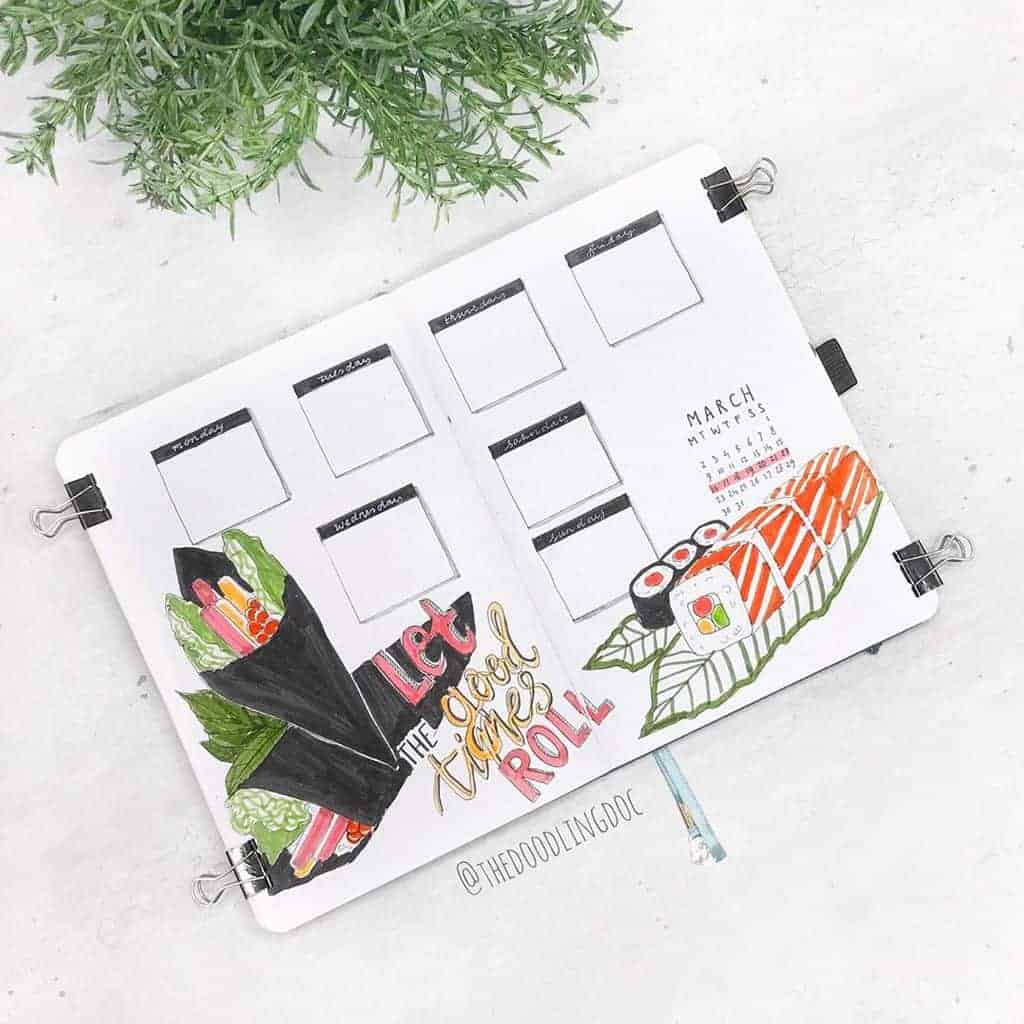 Sushi Bullet Journal Theme Inspirations - weekly spread by @thedoodlingdoc | Masha Plans