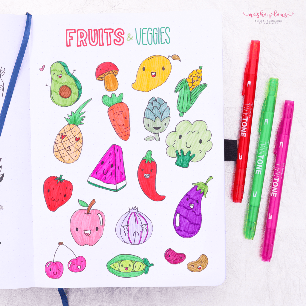 Fun and Easy Bullet Journal Doodles - fruit and veggie doodles | Masha Plans