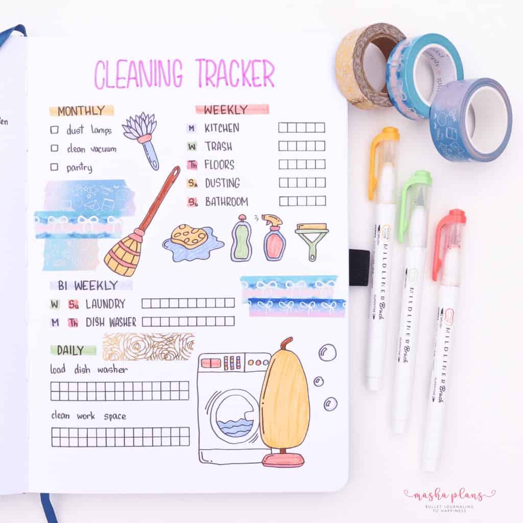 25 Monthly Bullet Journal Page Ideas, cleaning tracker | Masha Plans