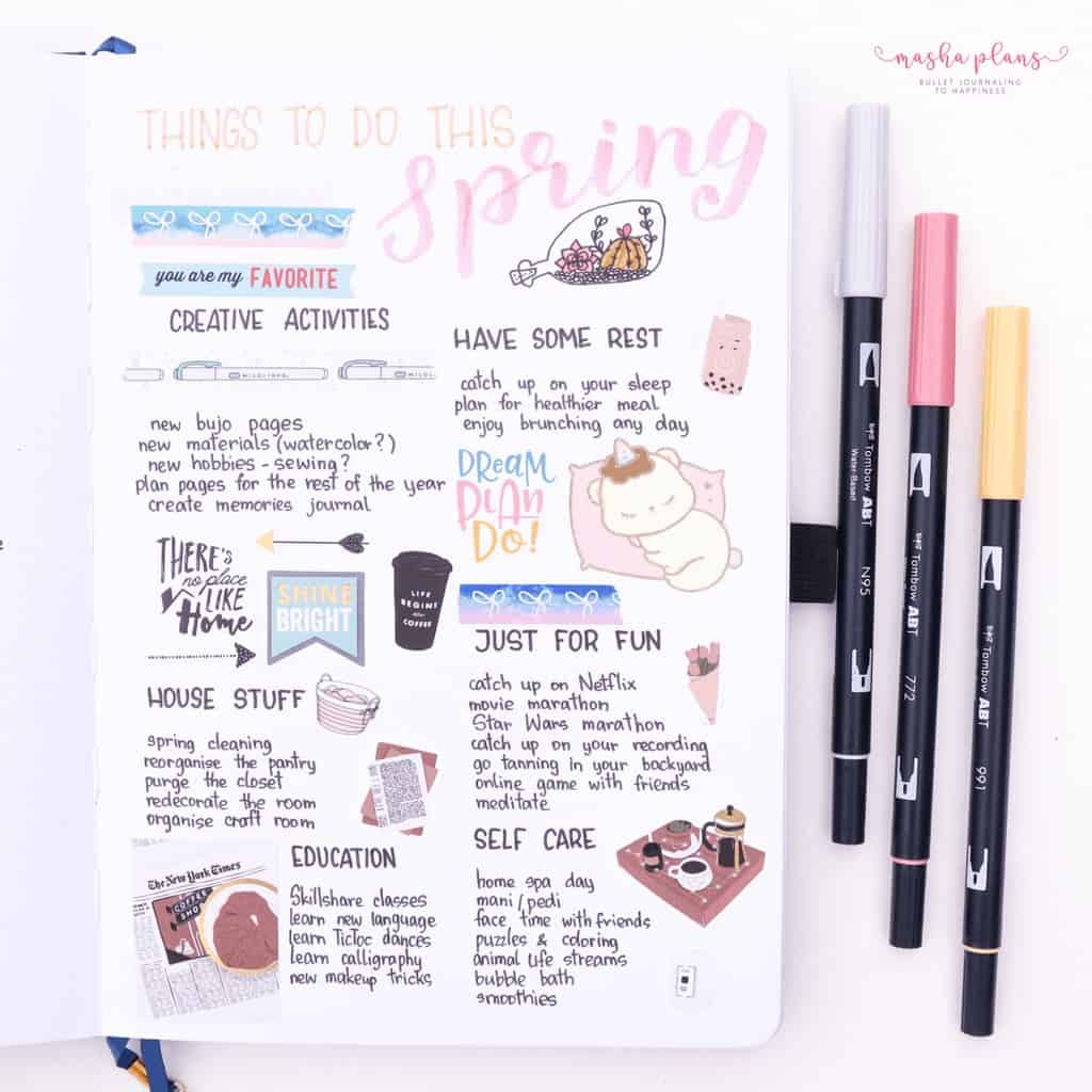 25 Monthly Bullet Journal Page Ideas, spring bucket list | Masha Plans