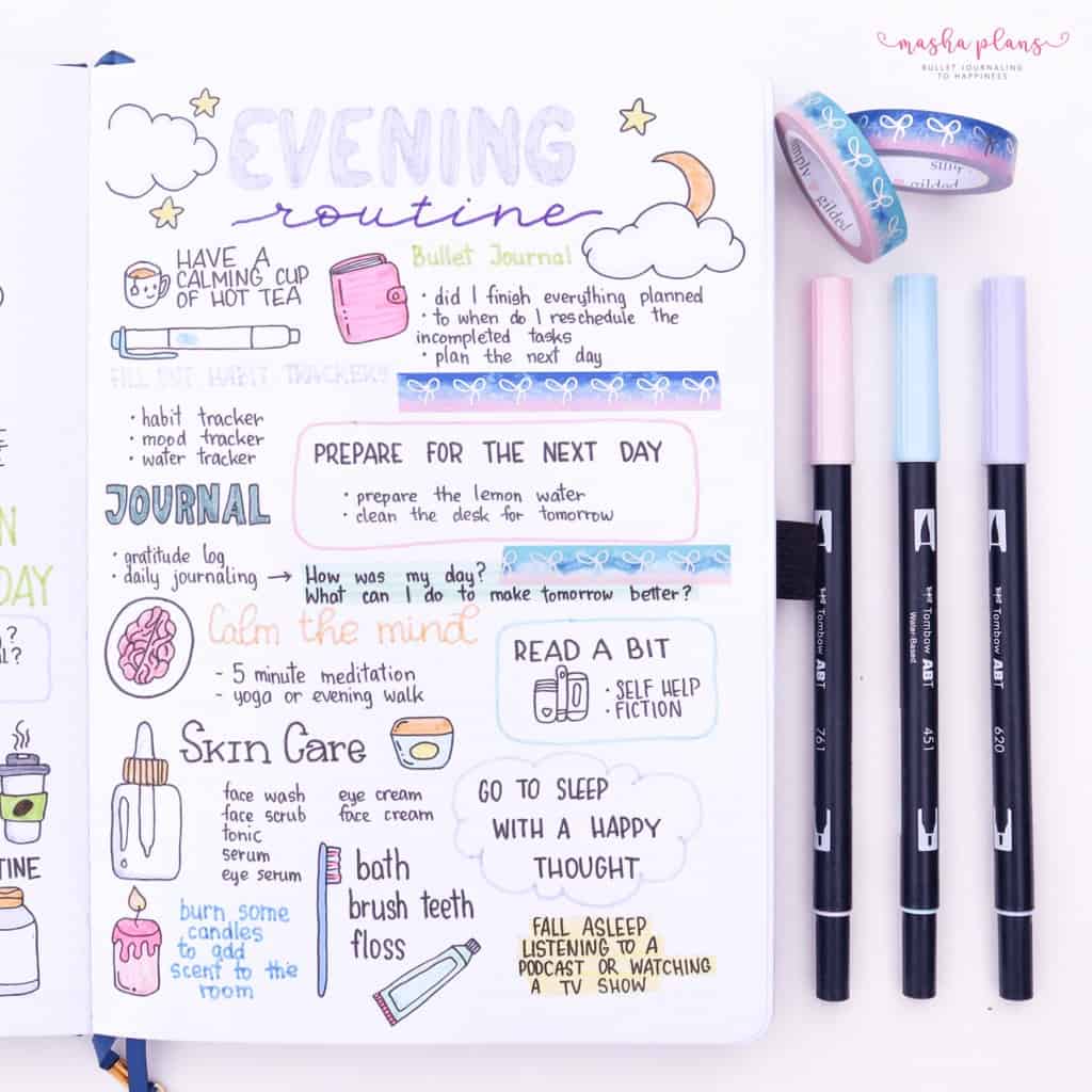 25 Monthly Bullet Journal Page Ideas, evening routine | Masha Plans