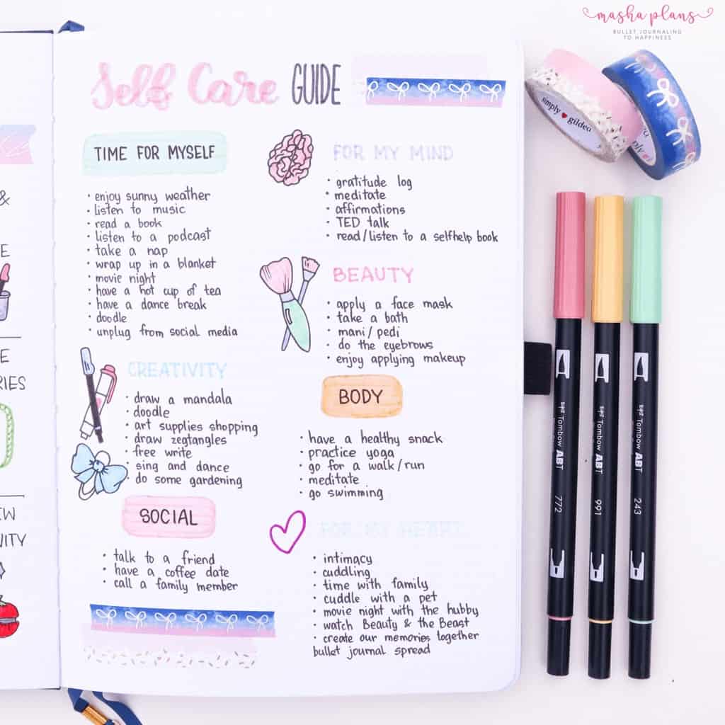 Monthly Bullet Journal Page Ideas, self care checklist | Masha Plans