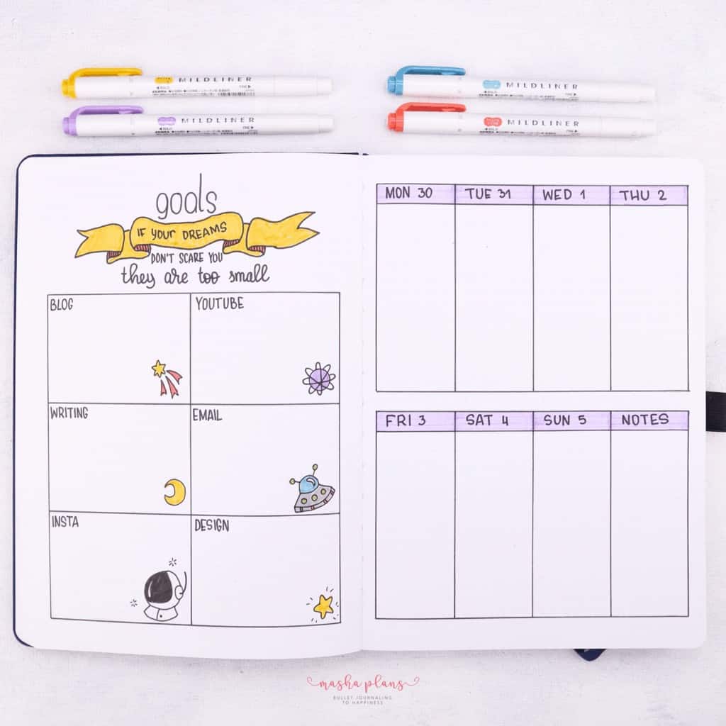Monthly Bullet Journal Page Ideas, goals spread | Masha Plans