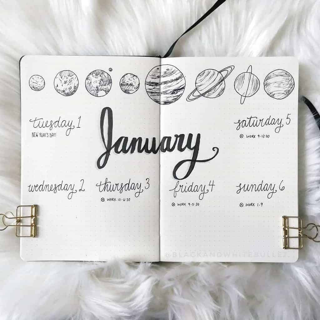 Space and Galaxy Bullet Journal Theme Inspirations - weekly spread by @blackandwhitebullet | Masha Plans