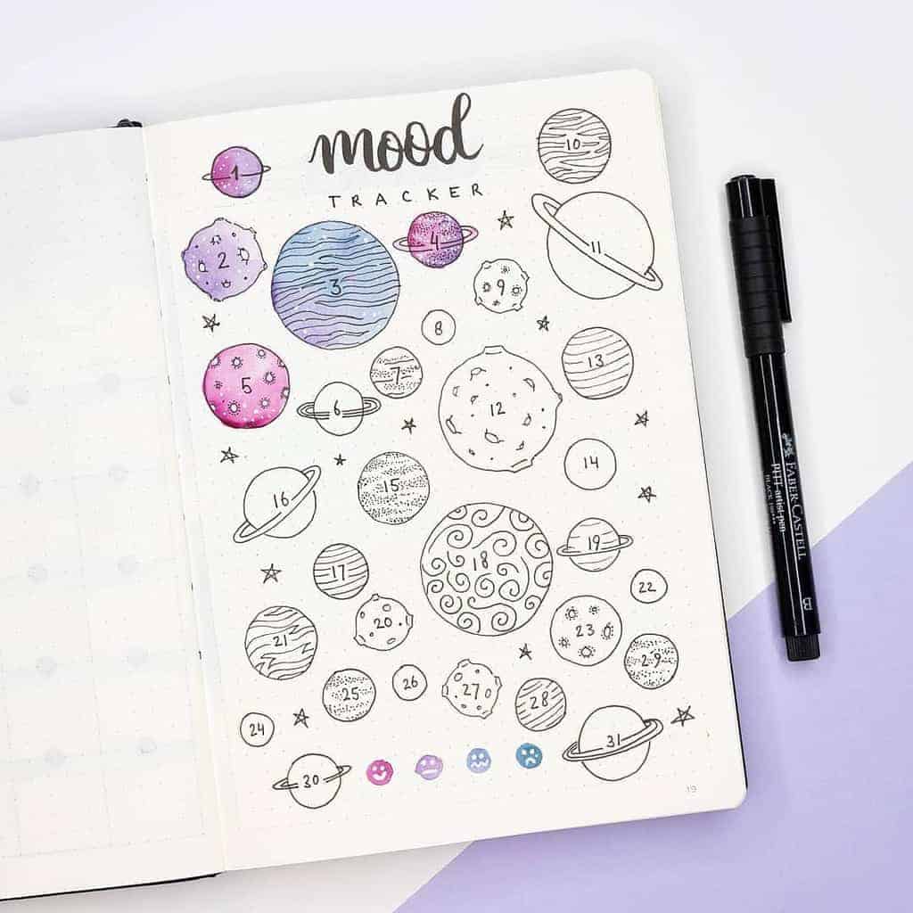 Space and Galaxy Bullet Journal Theme Inspirations - mood tracker by @dutch_dots | Masha Plans