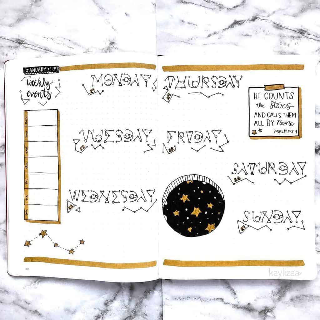 Space and Galaxy Bullet Journal Theme Inspirations - weekly spread by @kaylizaa | Masha Plans