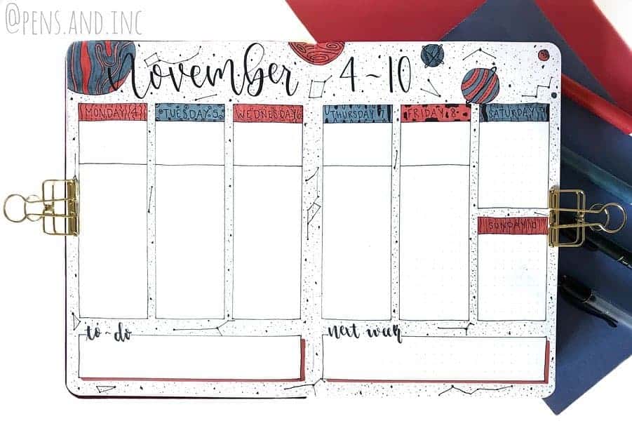 Space and Galaxy Bullet Journal Theme Inspirations - weekly spread by @pens.and.inc | Masha Plans