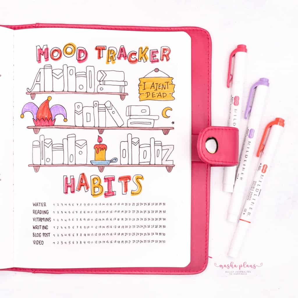 Book Bullet Journal Theme Ideas And Inspirations - mood tracker, habit tracker | Masha Plans