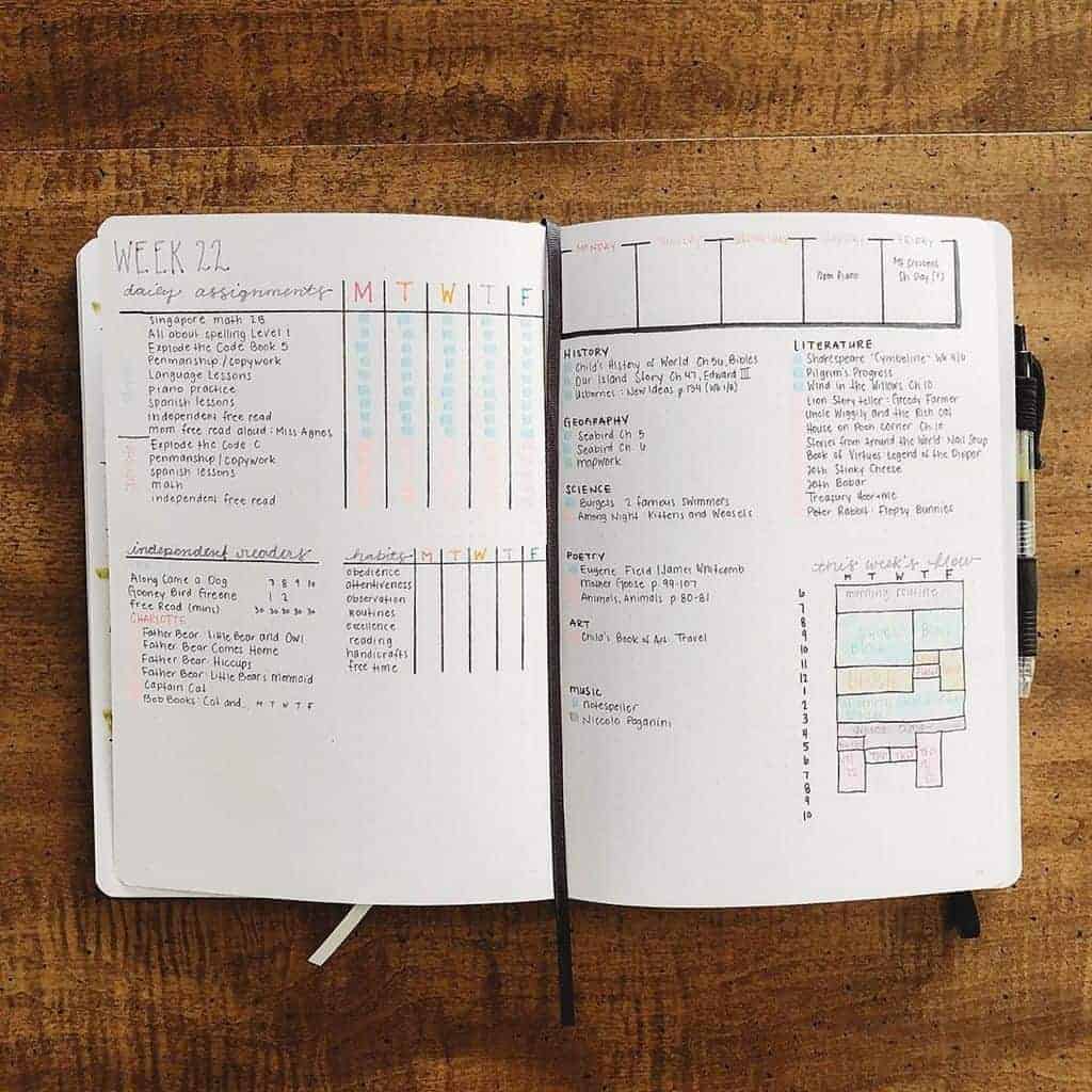 Homeschool Bullet Journal Page Ideas - weekly log by @creekviewelitehomeschool | Masha Plans