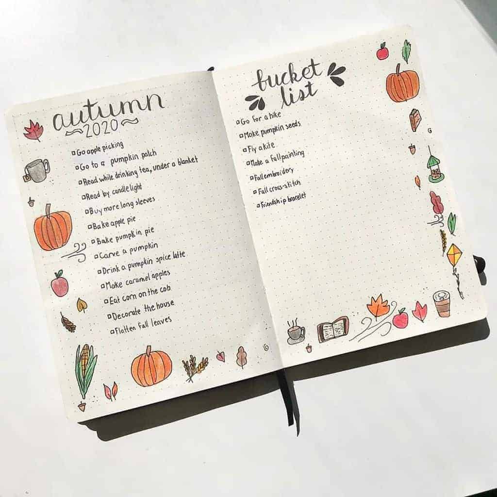 31 Fall Bucket List ideas and Bullet Journal Inspirations - spread by @cass_bulletjournals | Masha Plans