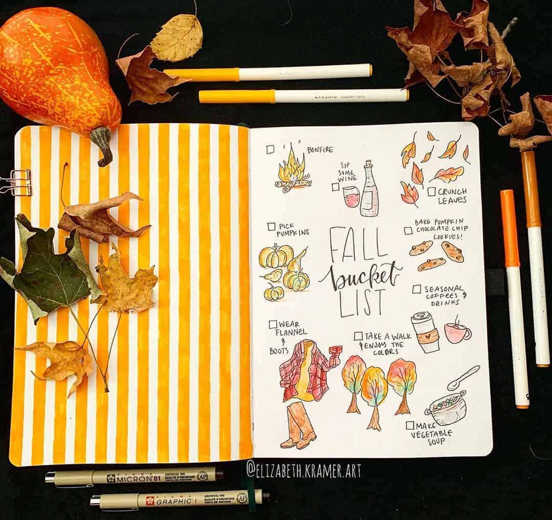 31 Fall Bucket List ideas and Bullet Journal Inspirations - spread by @elizabeth.kramer.art | Masha Plans