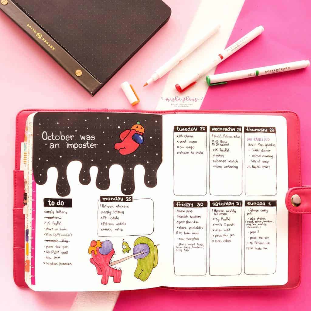 Among Us Themed Bullet Journal Inspirations, weekly spread | Masha Plans