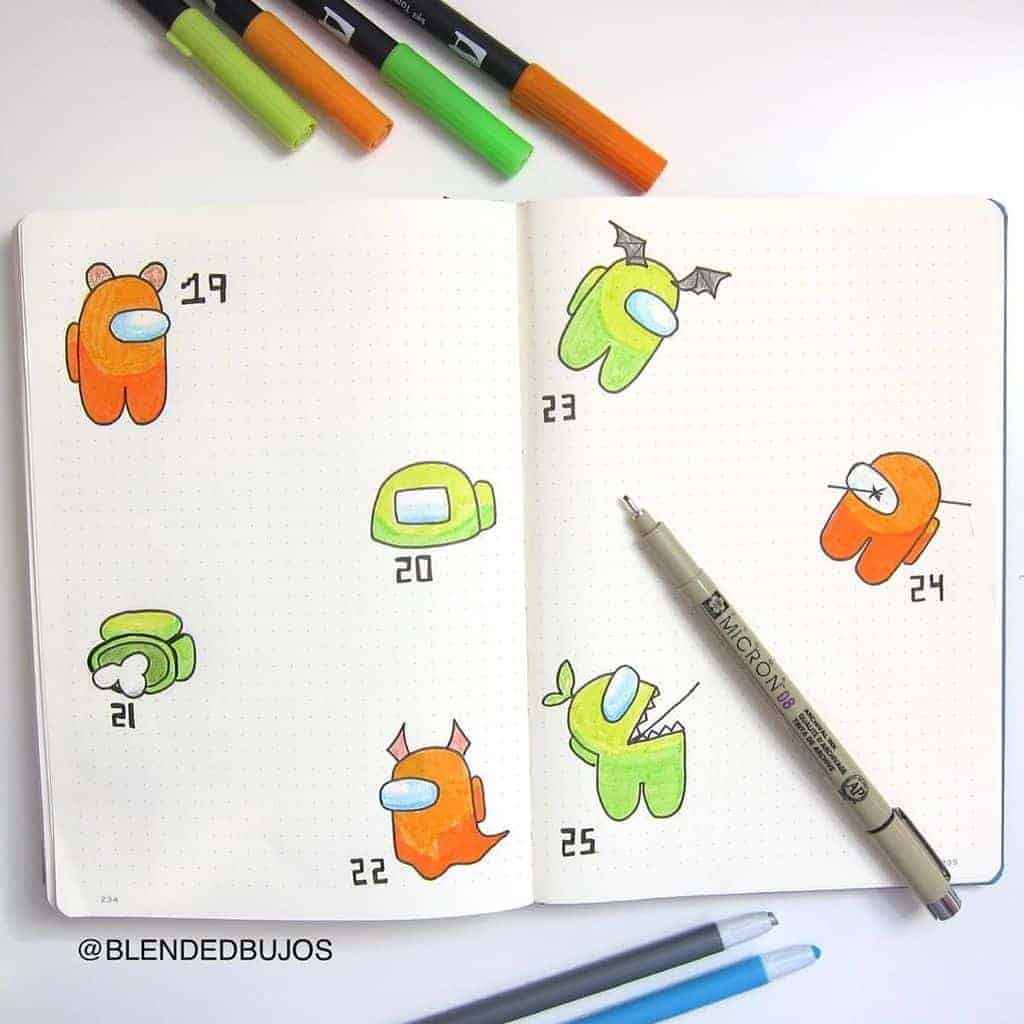 Among Us Themed Bullet Journal Inspirations, weekly spread by @blendedbujos | Masha Plans