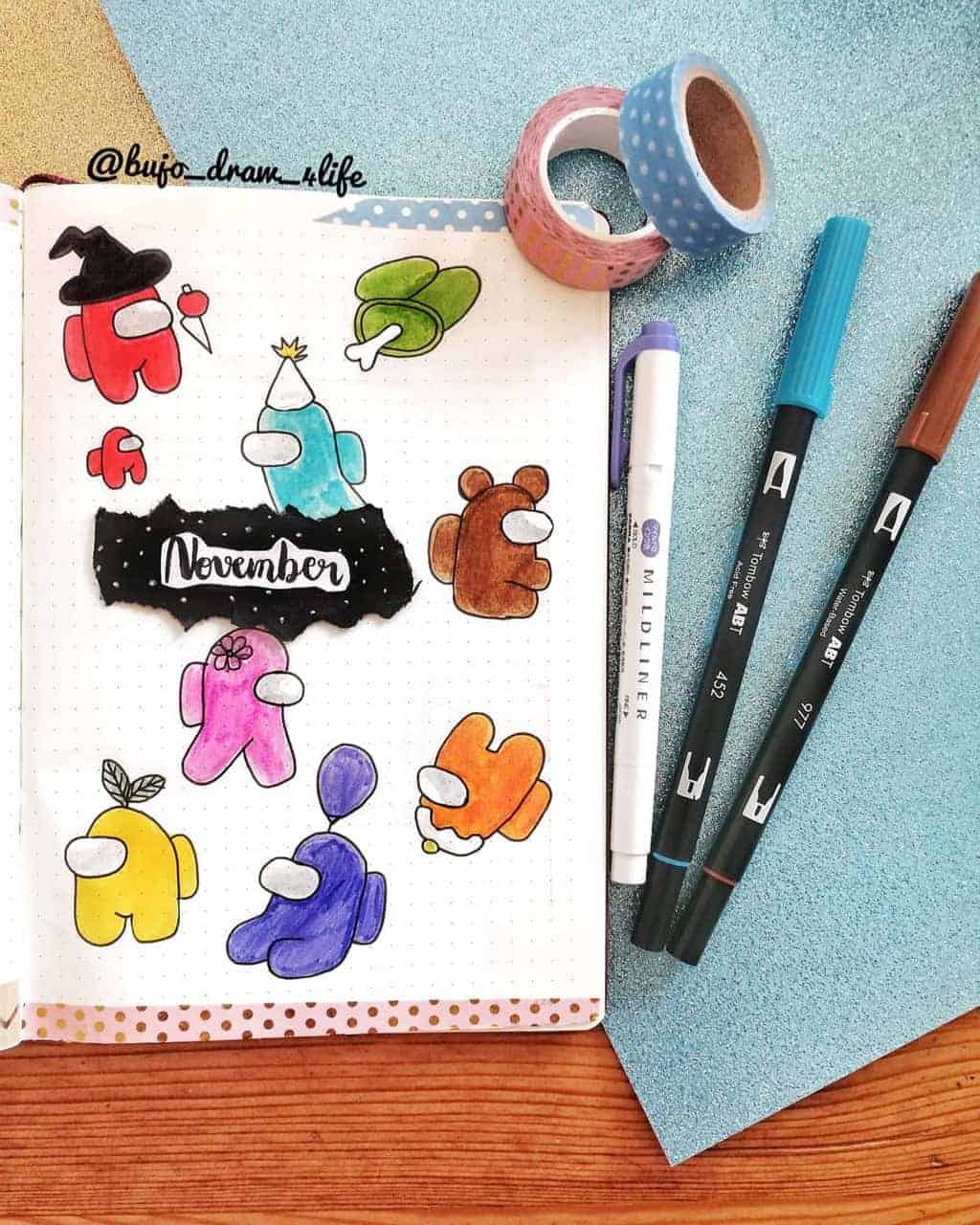 Among Us Themed Bullet Journal Inspirations, cover page by @bujo_draw_4life | Masha Plans