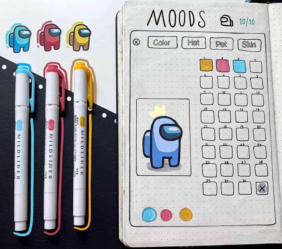 Among Us Themed Bullet Journal Inspirations, monthly log by @cattolina.art | Masha Plans